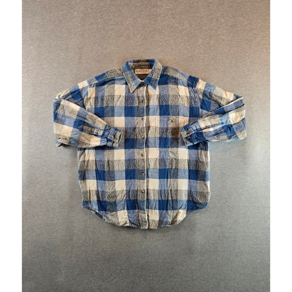 Anchor Blue Flannel Shirt Mens Large Blue Cream 90s Vintage Buffalo Plaid Cotton